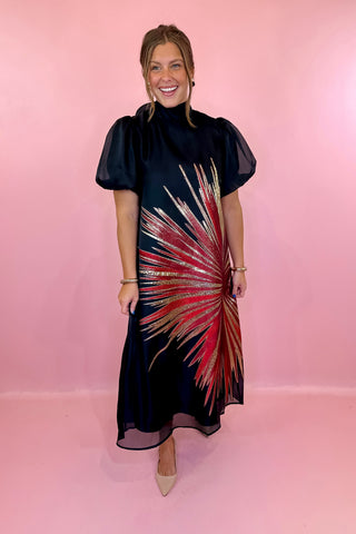 Metallic Starbust Midi Dress Black