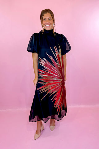 Metallic Starbust Midi Dress Black