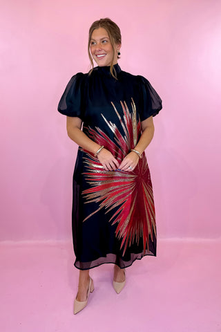 Metallic Starbust Midi Dress Black