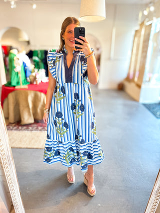 Striped Floral Midi Dress Blue