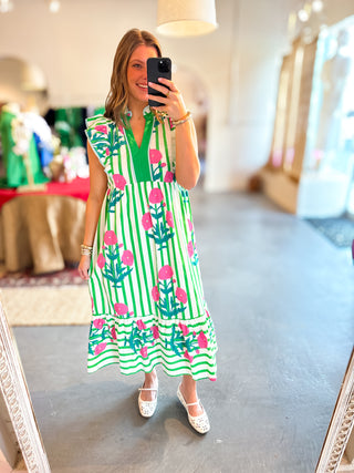 Striped Floral Midi Dress Green