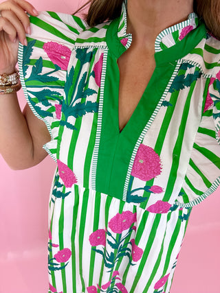 Striped Floral Midi Dress Green