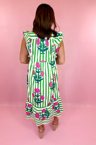 Striped Floral Midi Dress Green