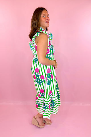 Striped Floral Midi Dress Green