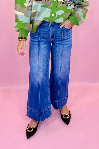 Wide Leg Pintuck Cropped Denim Pants Medium Wash