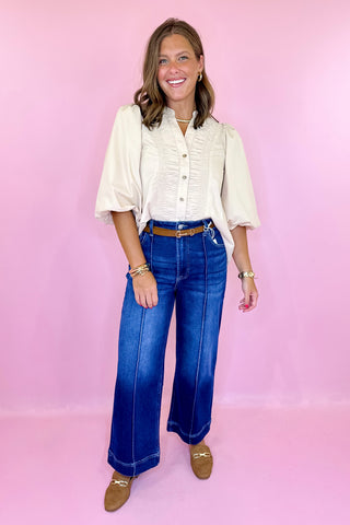  Wide Leg Pintuck Denim Pants - Dark Wash