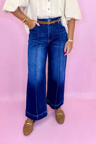  Wide Leg Pintuck Denim Pants - Dark Wash