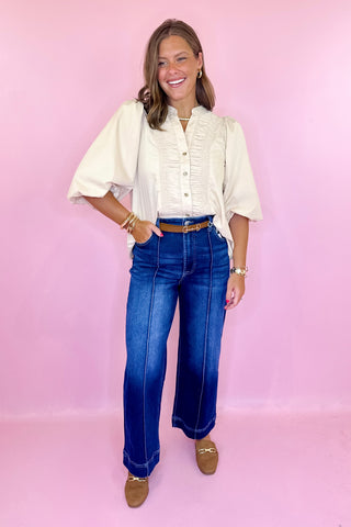  Wide Leg Pintuck Denim Pants - Dark Wash