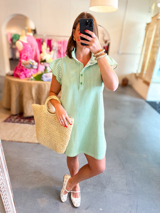 Ruffle Sleeve Gingham Mini Dress Green