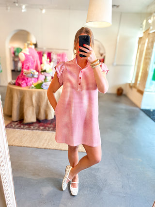Ruffle Sleeve Gingham Mini Dress Red