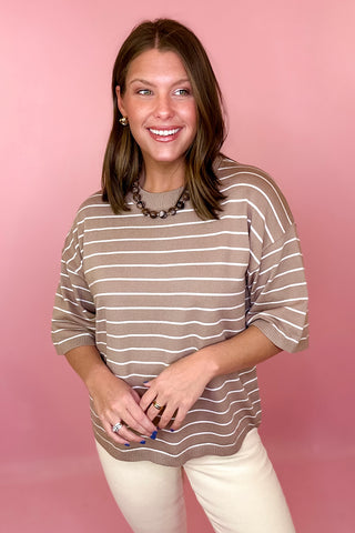 Short Sleeve Sweater Striped Sweater Top Taupe/White