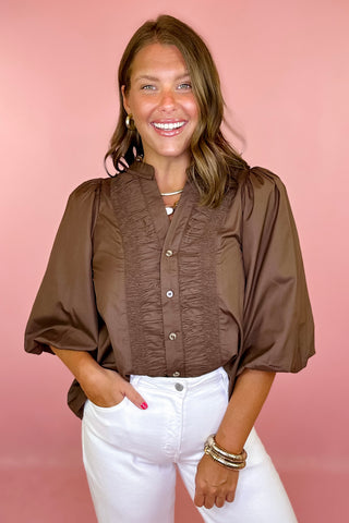  Ruffle Front Top - Brown