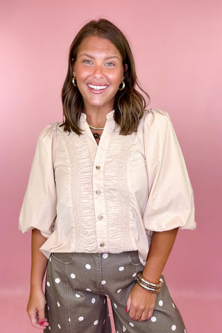 Ruffle Front Top - Light Taupe