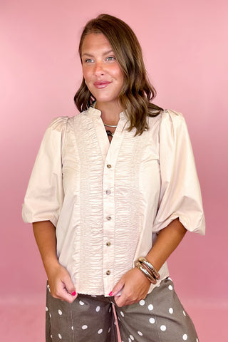  Ruffle Front Top - Light Taupe