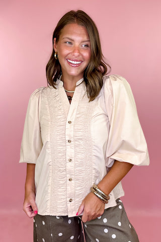Ruffle Front Top - Light Taupe