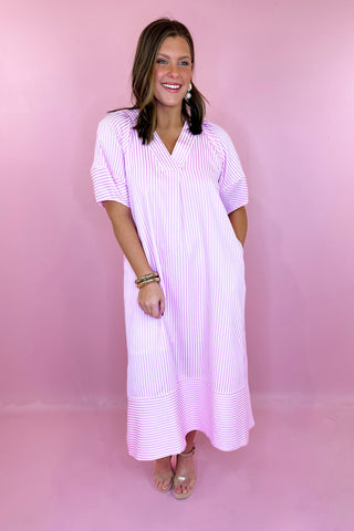 pink striped midi dress
