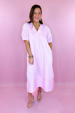 pink striped midi dress