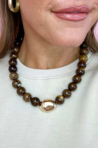 Marble Stone Ball & Accent Necklace Brown