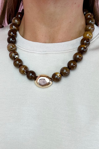 Marble Stone Ball & Accent Necklace Brown