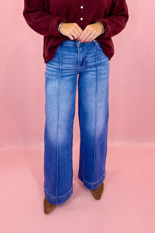 Wide Leg Pintuck Denim Pants Medium Wash