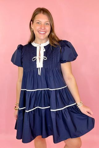 Navy tiered dress with bows coastal chic grandmillennial dress