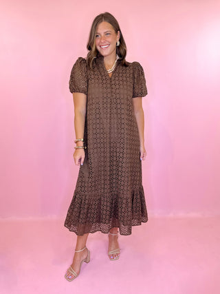 Meant To Be Eyelet Midi Dress Brown