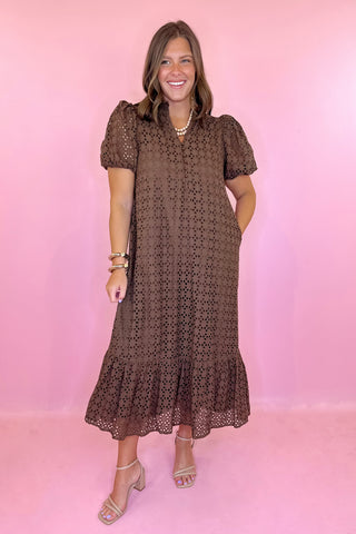 Meant To Be Eyelet Midi Dress Brown