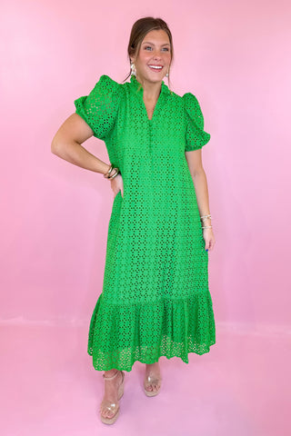 green eyelet midi dress