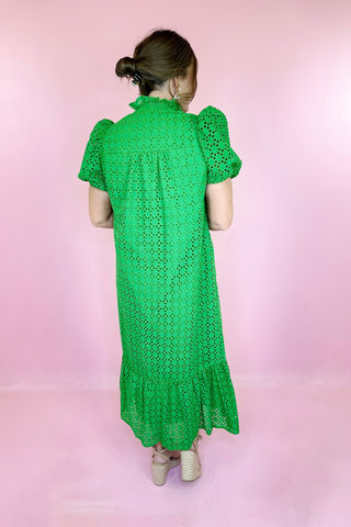 green eyelet midi dress
