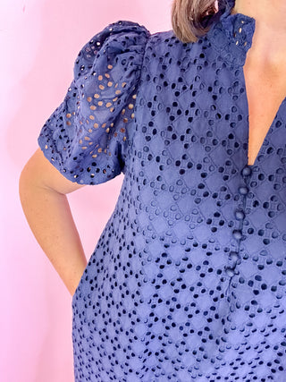  Eyelet Midi Dress Navy