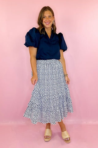  Polka Dot Midi Skirt Navy