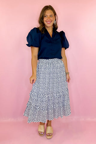  Polka Dot Midi Skirt Navy