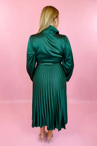 green long sleeve pleated dress semi formal