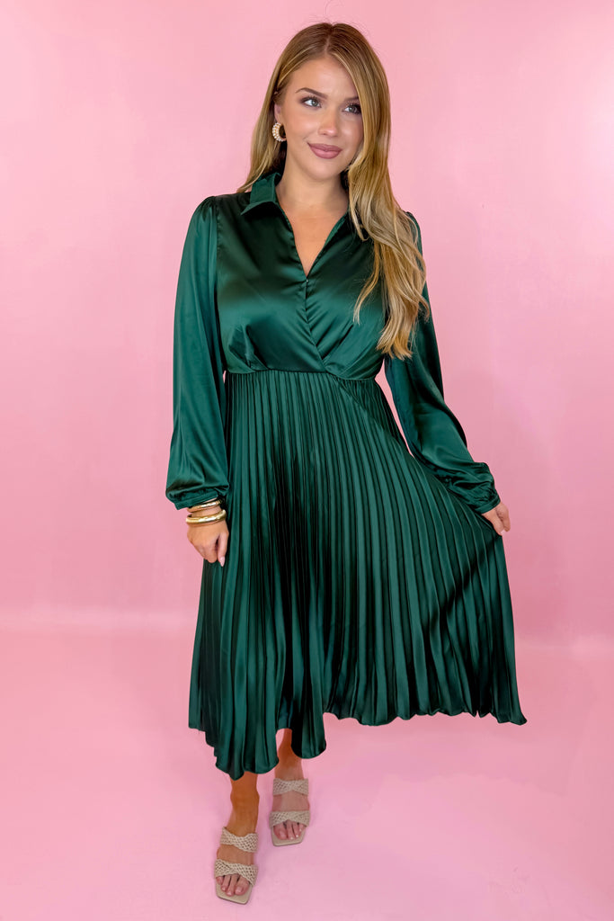 green long sleeve pleated dress semi formal