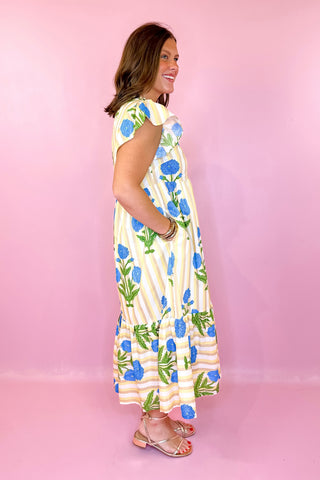 Floral Stripe Midi Dress Yellow Blue