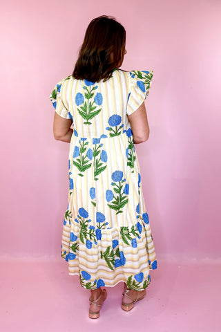 Floral Stripe Midi Dress Yellow Blue