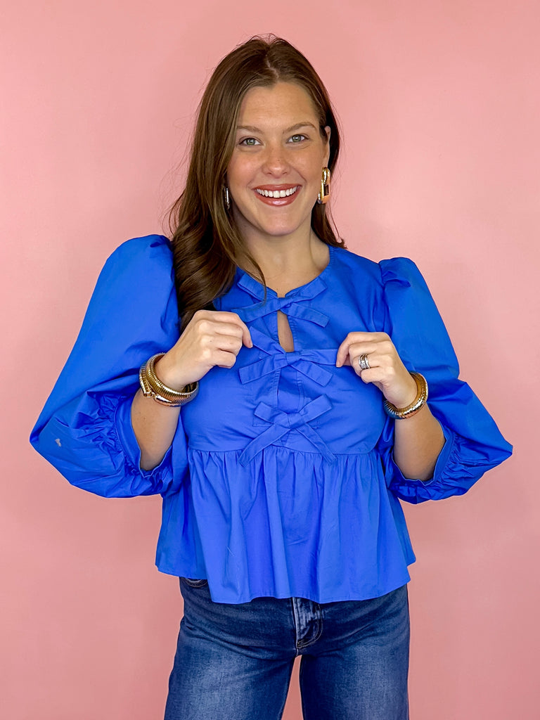 Cobalt Blue Peplum Bow Top