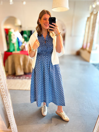 navy printed midi dress