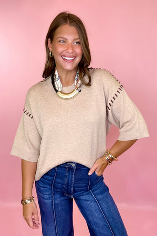 Oatmeal The Perfect Introduction Short Sleeve Sweater Top Oatmeal