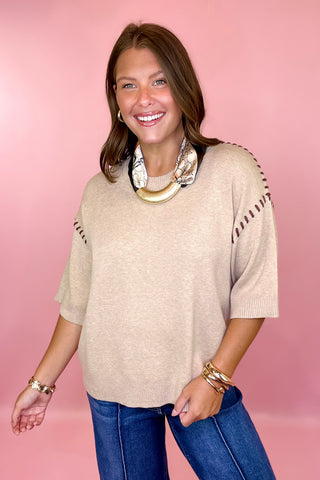 Oatmeal The Perfect Introduction Short Sleeve Sweater Top Oatmeal
