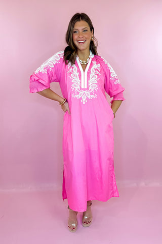 Embroidered Midi Dress Pink