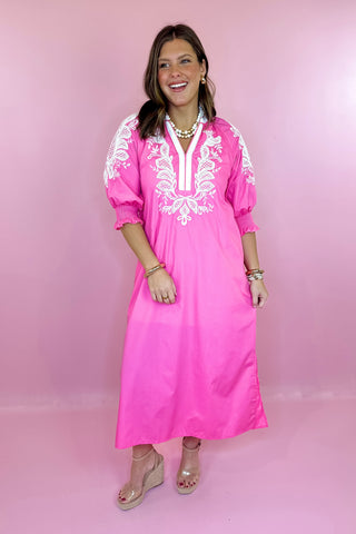 Embroidered Midi Dress Pink