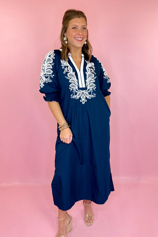 Navy Embroidered Midi Dress