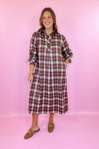 One Less Thing Plaid Flannel Midi Dress Rust