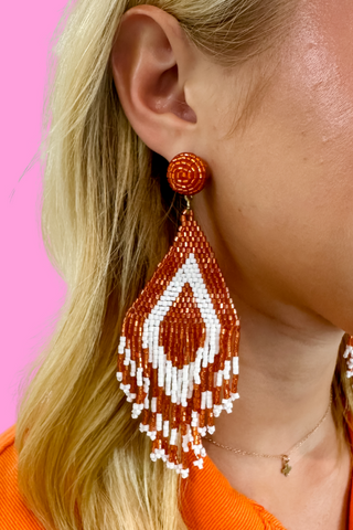 Orange and White Beaded Tassel Earrings