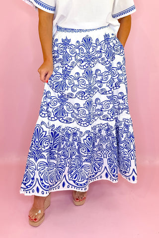 Paradise Calling Floral Midi Skirt Blue