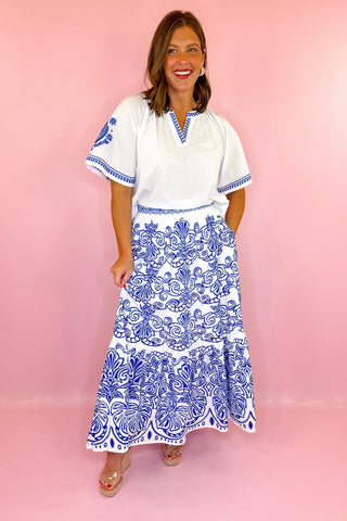 Paradise Calling Floral Midi Skirt Blue
