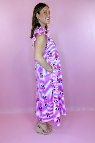 Floral Striped Midi Dress Pink