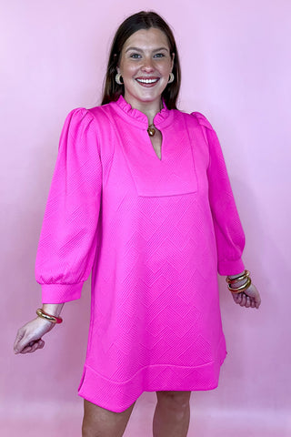 Pink quilted long sleeve dress frill neckline