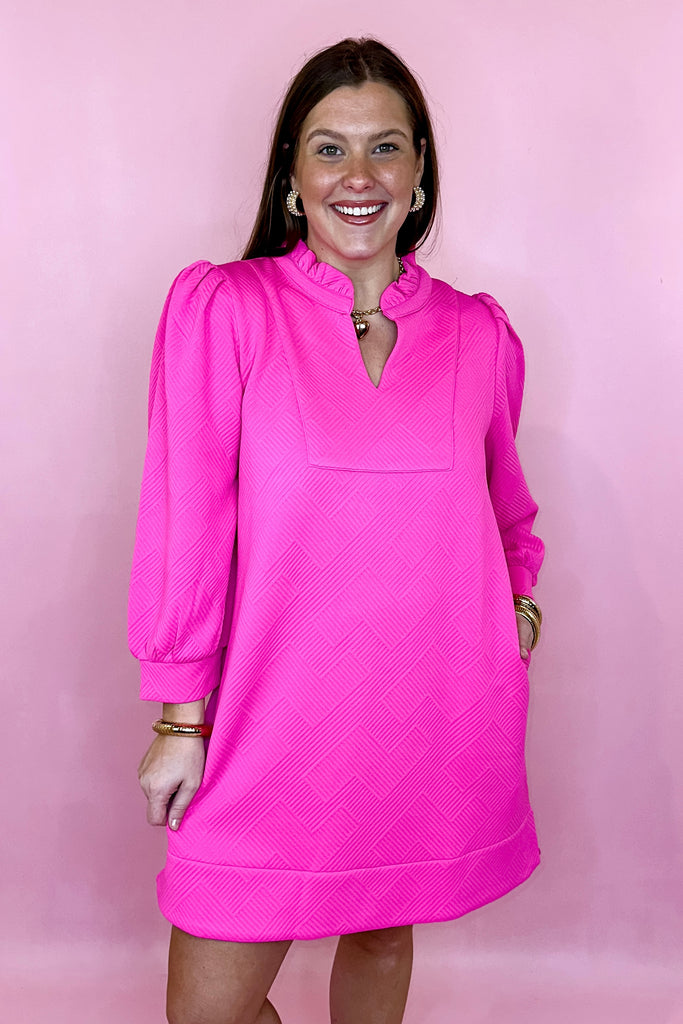 Pink quilted long sleeve dress frill neckline